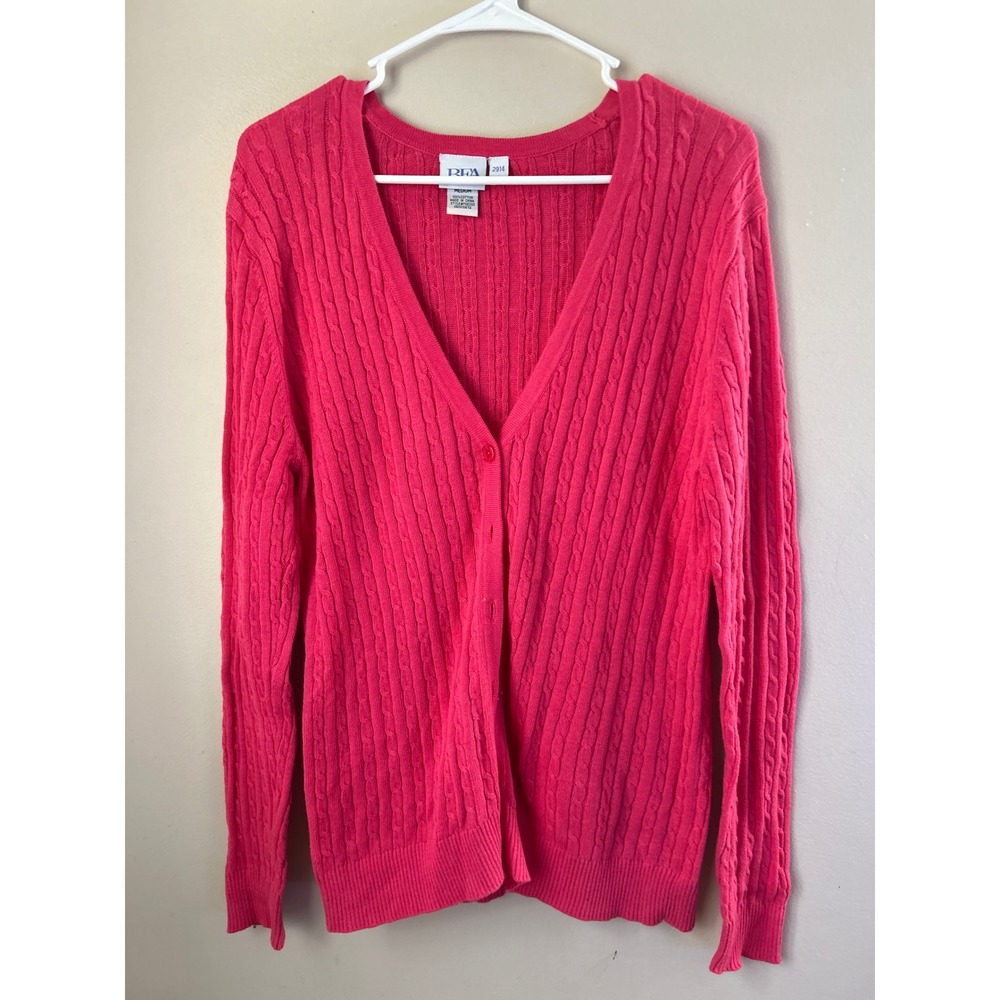 VTG BFA Classics Cable Knit Button Cardigan Sweater Pink M Retro Cozy Feminine